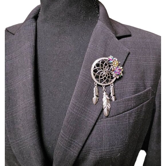 Large Dream Catcher Jeweled Brooch with Dangling Feathers 4 - Picture 5 of 8
